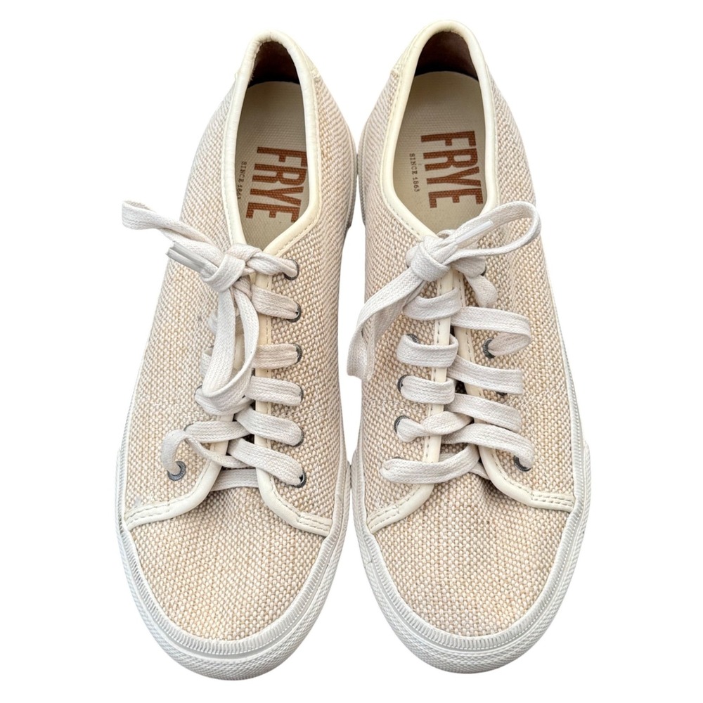 Frye Ivy Low Lace Sneakers‎ Beige Woven Canvas Hemp Low Top Shoes Womens EUC